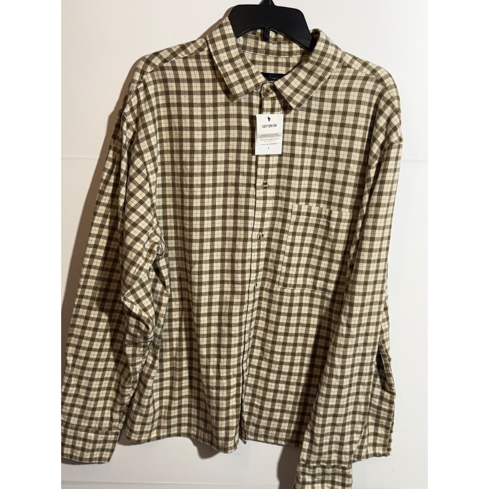 Cotton on Men's Tribeca Oversized Long Sleeve Shirt Stone Mini Check L - Picture 3 of 16